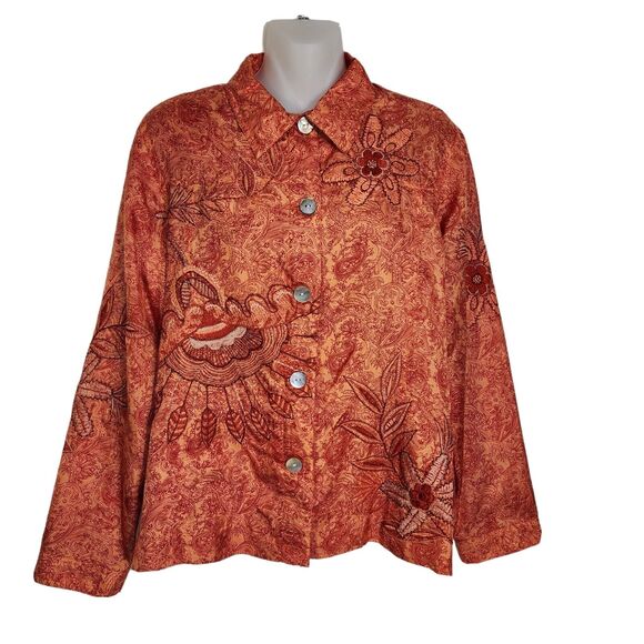 Laura Ashley Petite Womens Top PL Silk Orange Floral Embroidery Button Up Lined - Picture 1 of 11